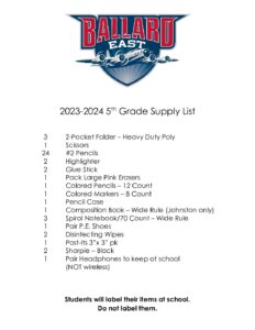 23 24 5th Grade Supply List
